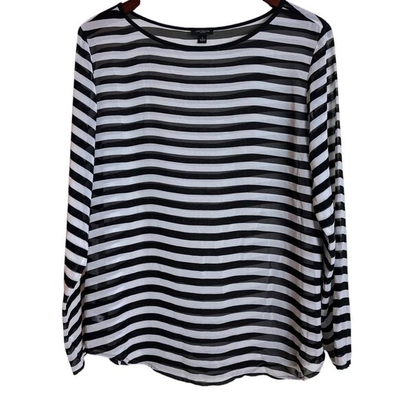 SOLD Ann Taylor Black & White Stripe Semi Sheer Long Sleeve Blouse Top Large - Picture 1 of 6